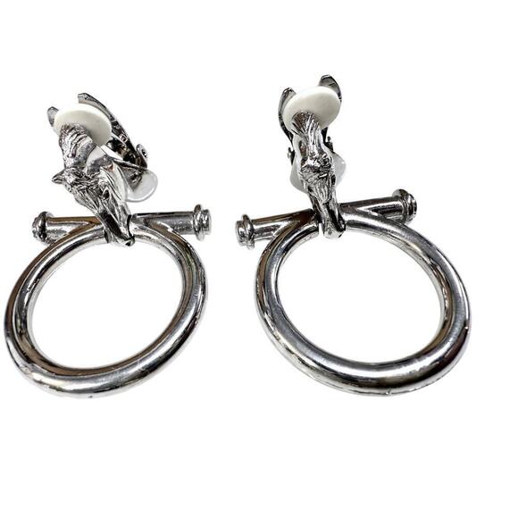 Vtg Signed Paolo Gucci Rare Horse Bit Hoop Signed Door Knocker Earrings Silver - Picture 4 of 7